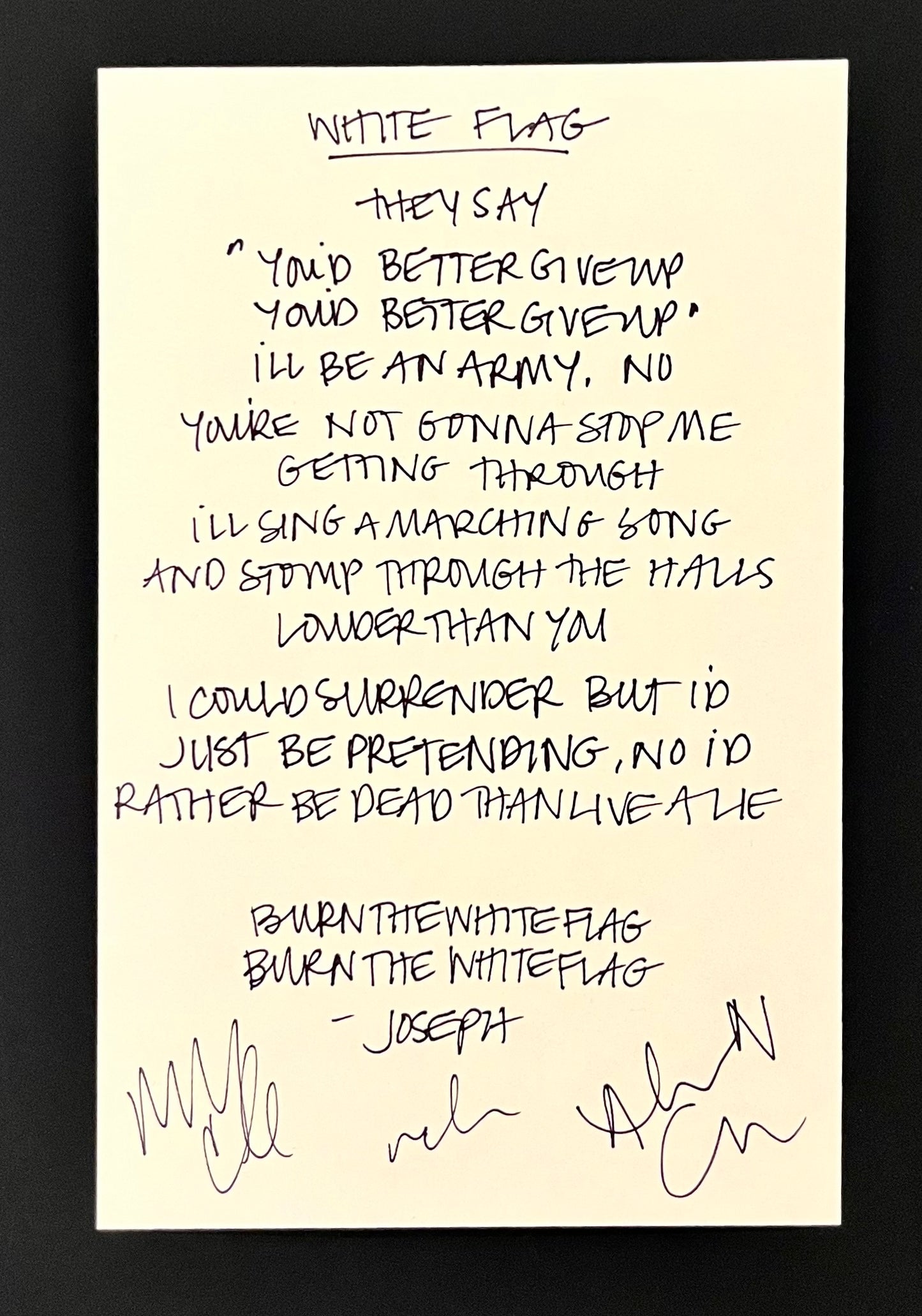 White Flag- Handwritten Lyric Sheet