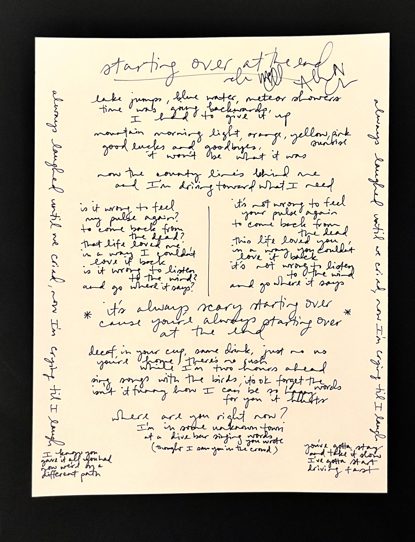 Starting Over At The End- Handwritten Lyric Sheet