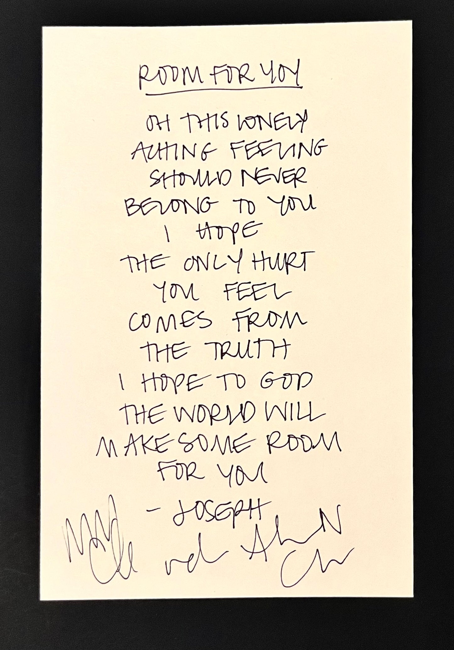 Room For You- Handwritten Lyric Sheet