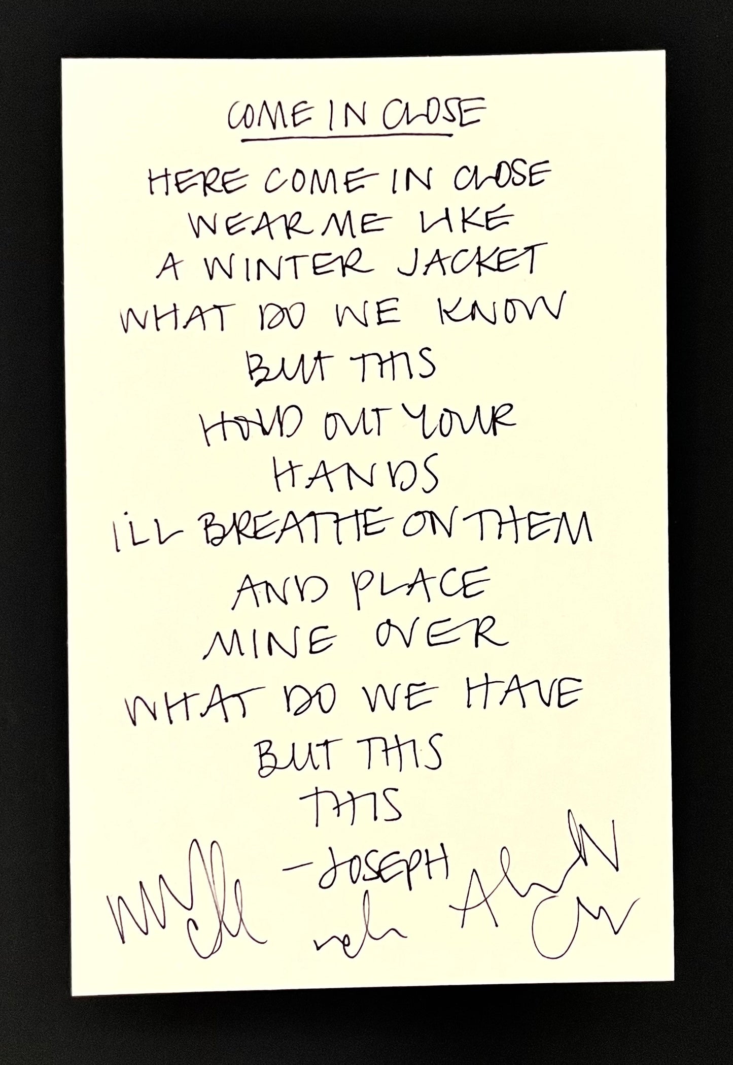 Come In Close- Handwritten Lyric Sheet